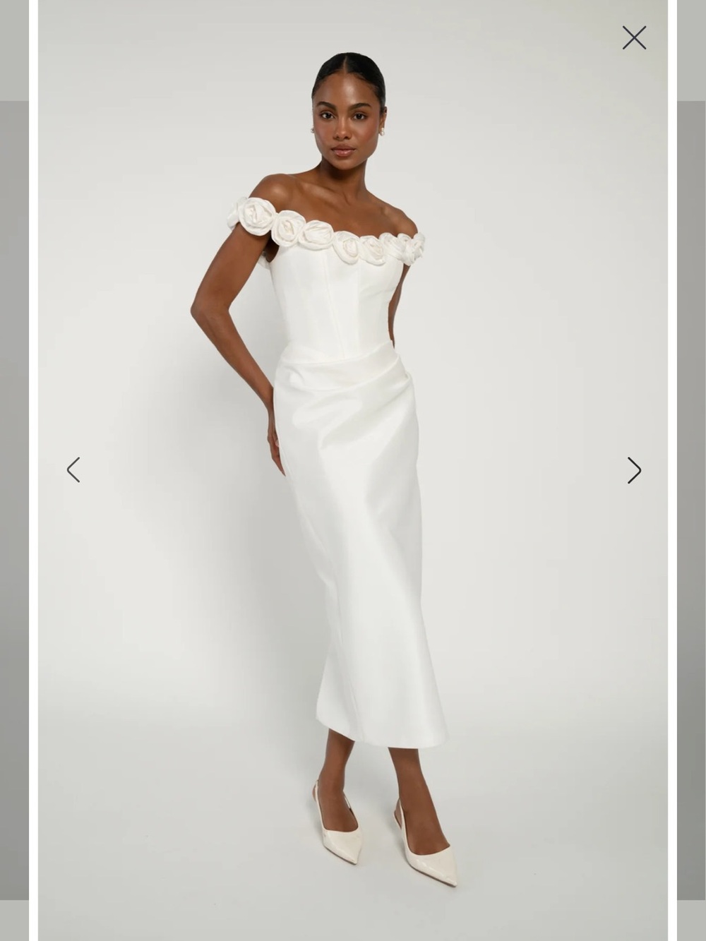 Jenny Yoo Maren Midi in Light Ivory - Satin with Rosette Trim - Picture 3 of 9
